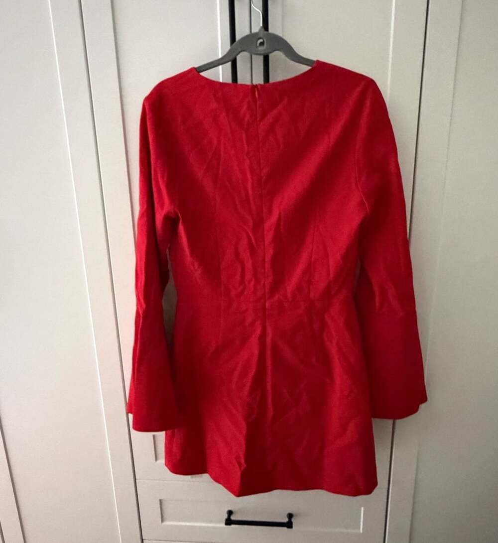 Commense Red Deep V Ruched Bell-Sleeve Mini Dress - Picture 7 of 8